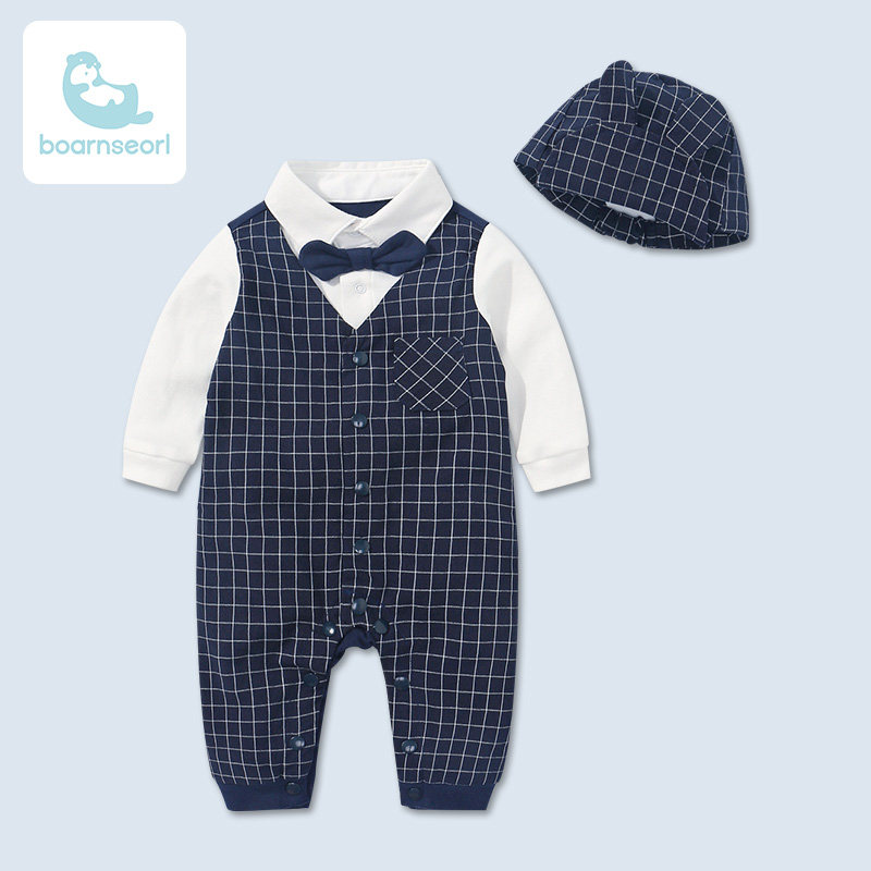 婴儿连体衣男童2020春秋装满月外出服宝宝绅士衣服百天周岁礼服潮
