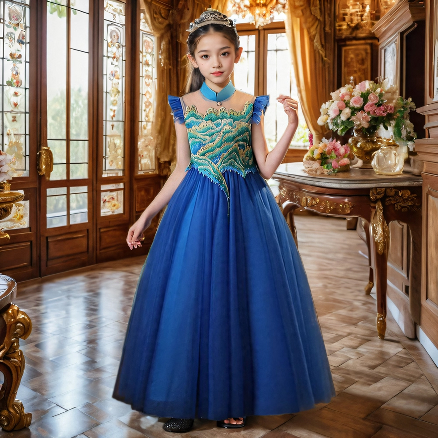 高端飞袖中式立领大裙摆长款礼服