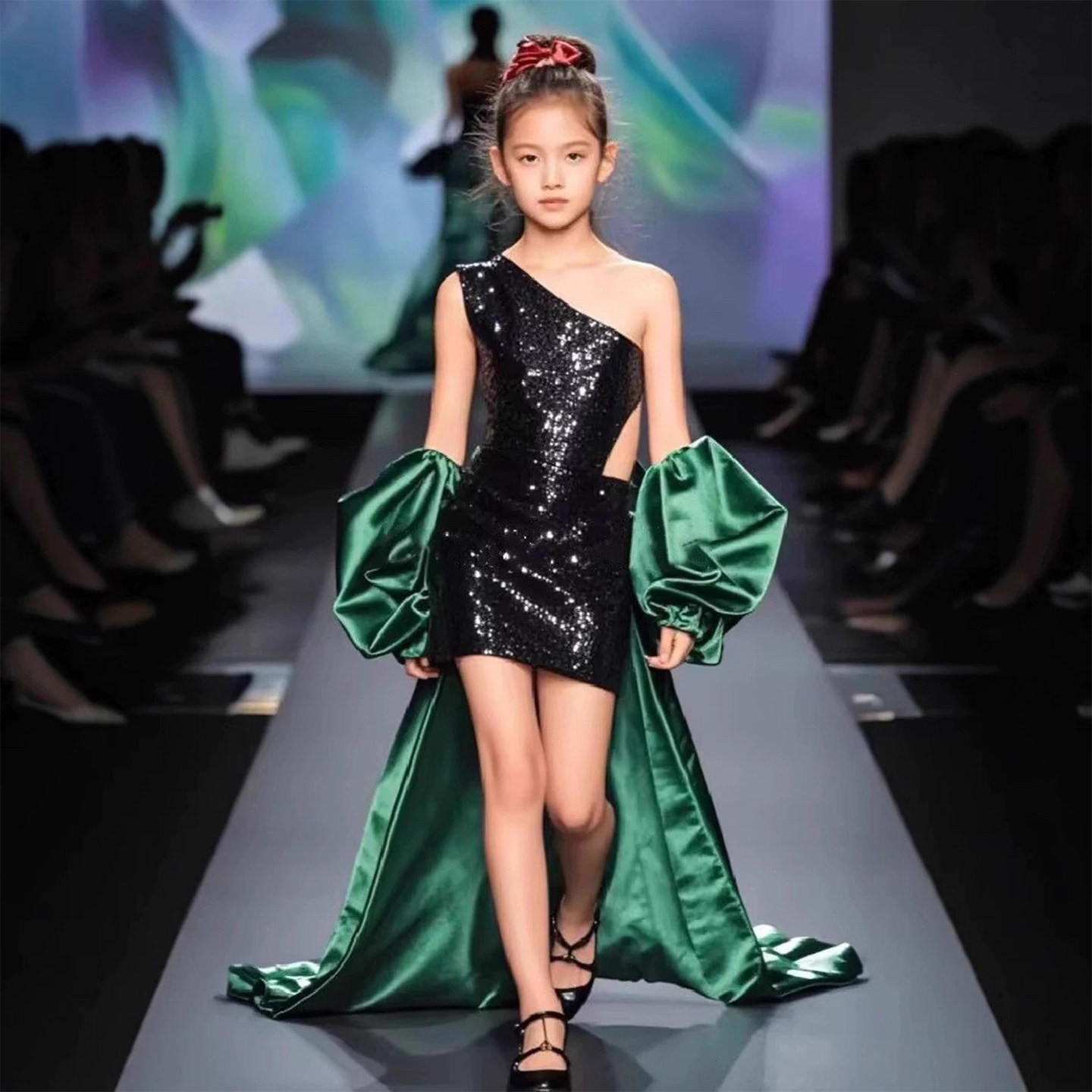 新款大气黑色亮片单肩吊带长拖尾短款礼裙走秀比赛中大童表演礼服,童装/婴儿装/亲子装,儿童礼服,淘宝优惠券,粉丝福利购,淘宝优惠卷