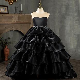 女童黑色走秀晚礼服拖尾儿童高端公主裙钢琴演出小主持人影楼拍照