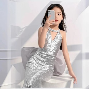 女童礼服高端轻奢小众亮片挂脖长款 鱼尾裙生日宴会主持人演出服