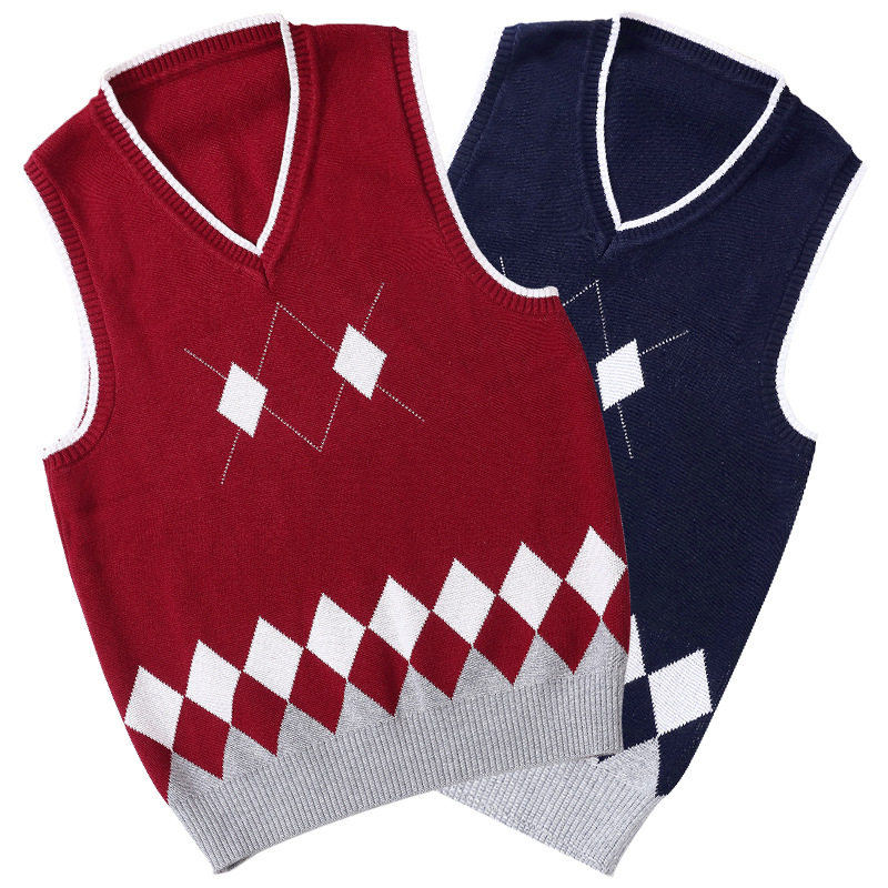 中大童儿童酒红色背心纯棉针织衫男女童学生藏青菱格马甲毛衣校服
