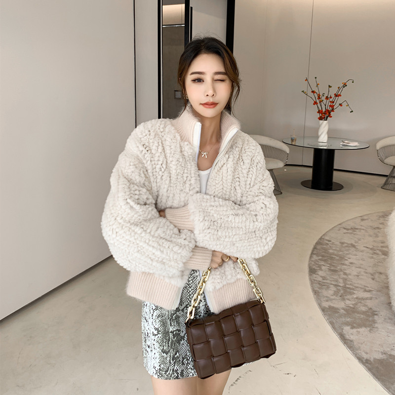 立领进口獭兔毛皮草外套麦穗编纯手工獭兔毛编织外套上衣冬