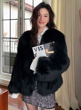 「黑蝶梦」芬兰进口银狐整皮黑色狐狸毛皮草外套女秋冬新款年轻款