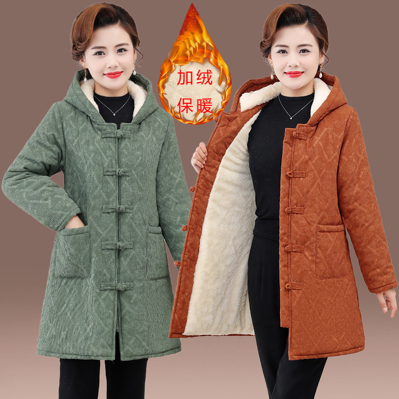 中老年女灯芯绒加厚棉衣中长棉袄