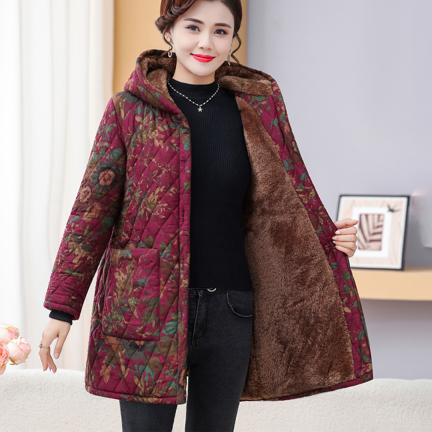 新款加绒加厚棉衣女保暖花棉袄