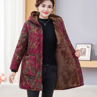中老年人加绒加厚碎花连帽棉衣女冬装新款棉服妈妈中长款保暖棉袄