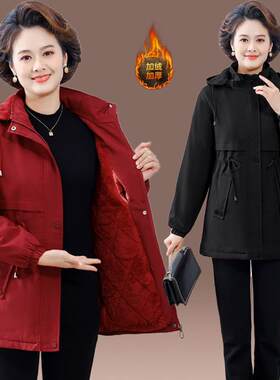 妈妈冬装加绒加厚派克服棉衣外套