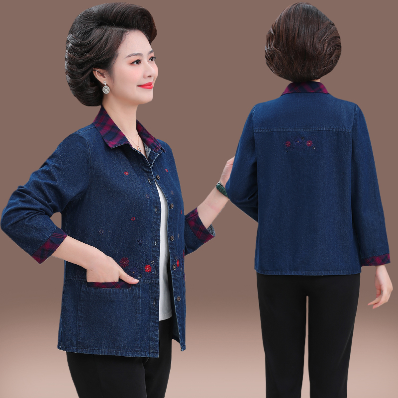 中老年人牛仔纯棉衬衫女长袖上衣