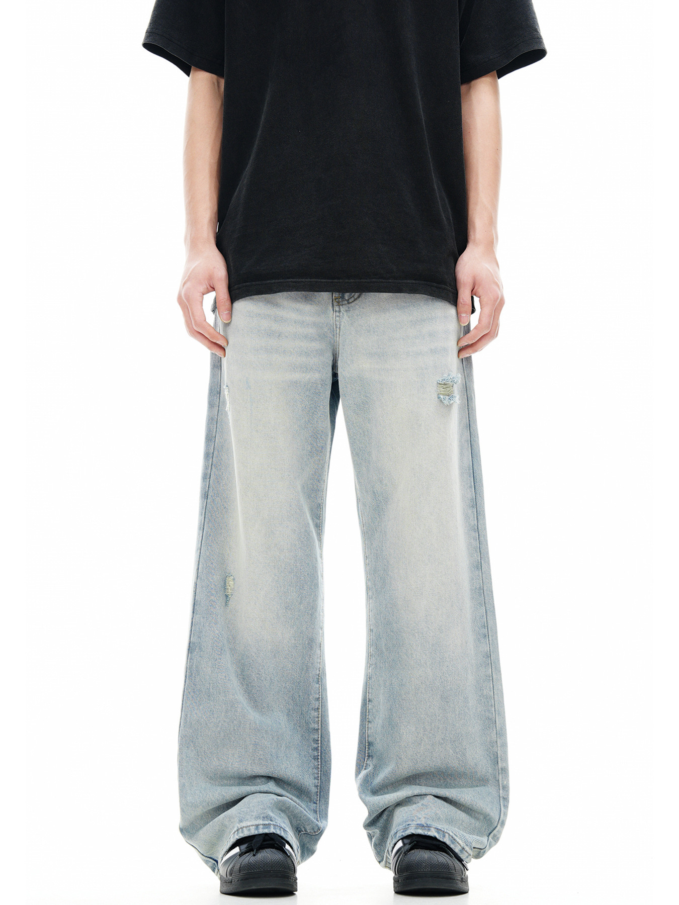 thumbnail for Vujade style washed distressed Vintage jeans wide leg co-ed American loose vibe trousers