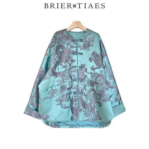 26KN0085/新中式女青渊藏龙老缎琵琶扣龙凤提花宽松盘扣外套