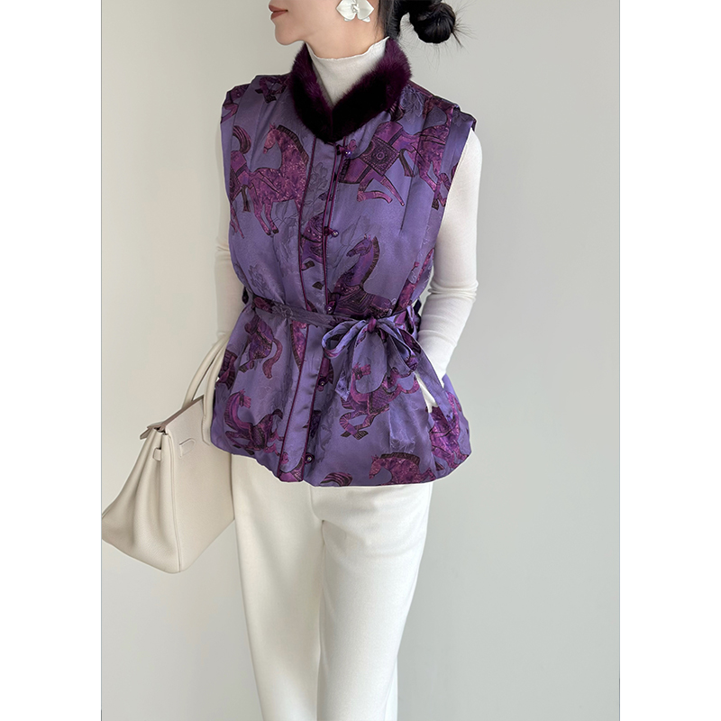 25QS85577/新中式印花马甲女毛领貂领拼接羽绒无袖外套显瘦百搭