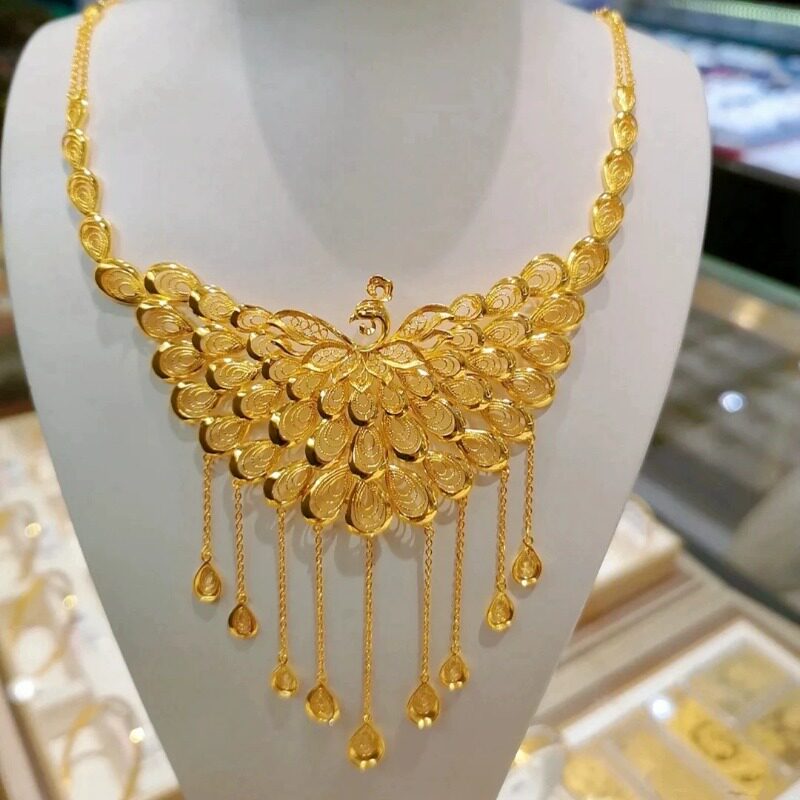 孔雀项链仿真假黄金三金首饰假沙金五金一套猪牌龙凤手镯中式结婚