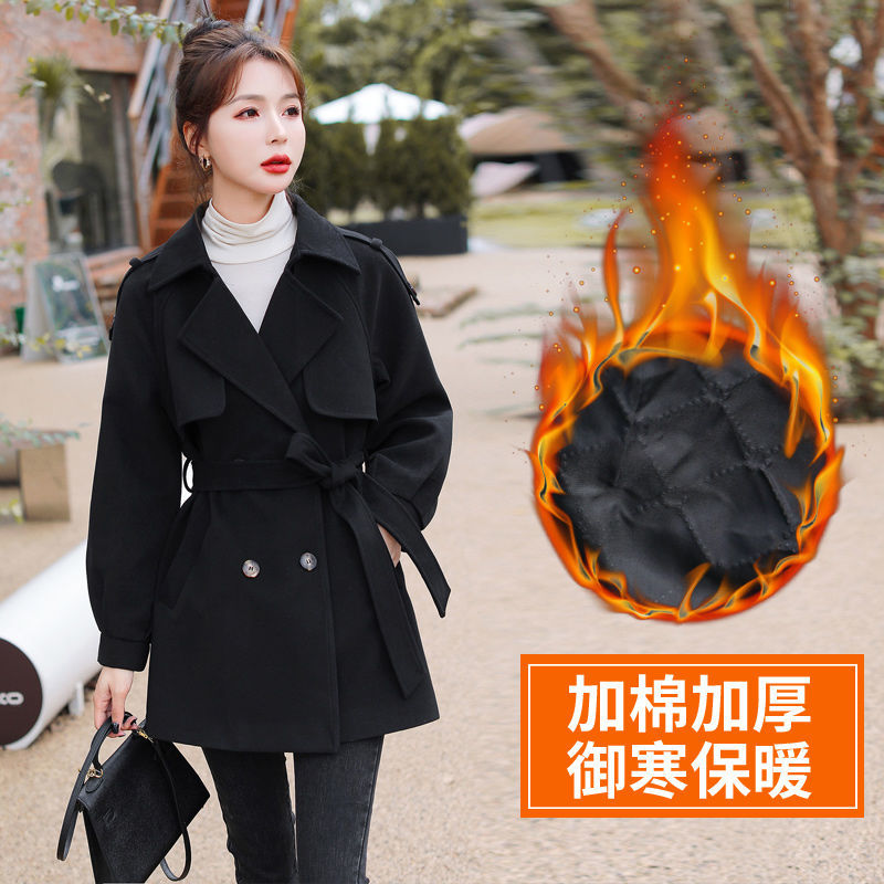 不起球加棉加厚毛呢长款系带外套
