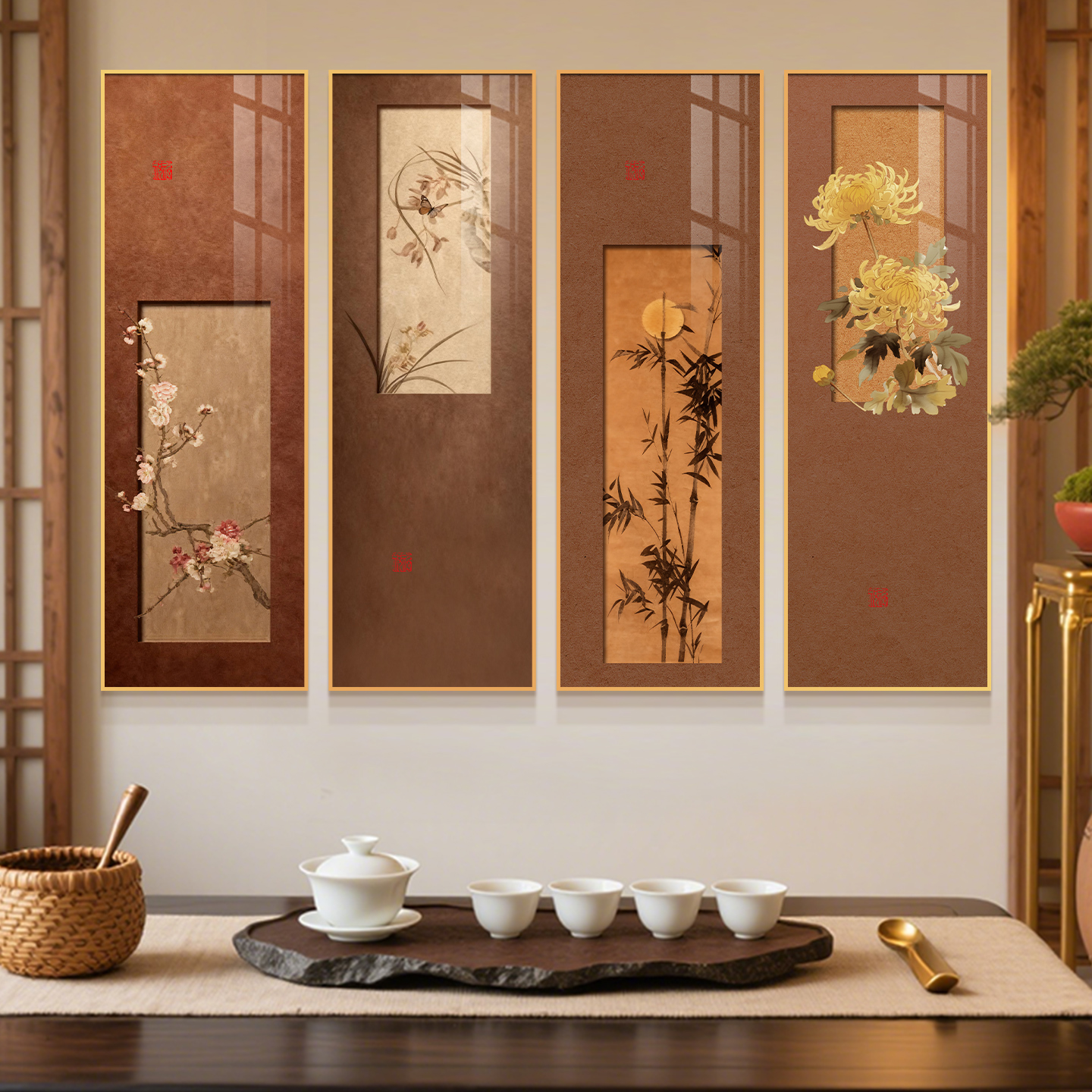 办公室茶室茶台屏风梅兰竹菊壁画挂画新中式客厅沙发背景墙装饰画