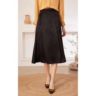 乔万尼通勤A字半身裙女2026春季 黑色提花中长裙显瘦百搭高腰裙子