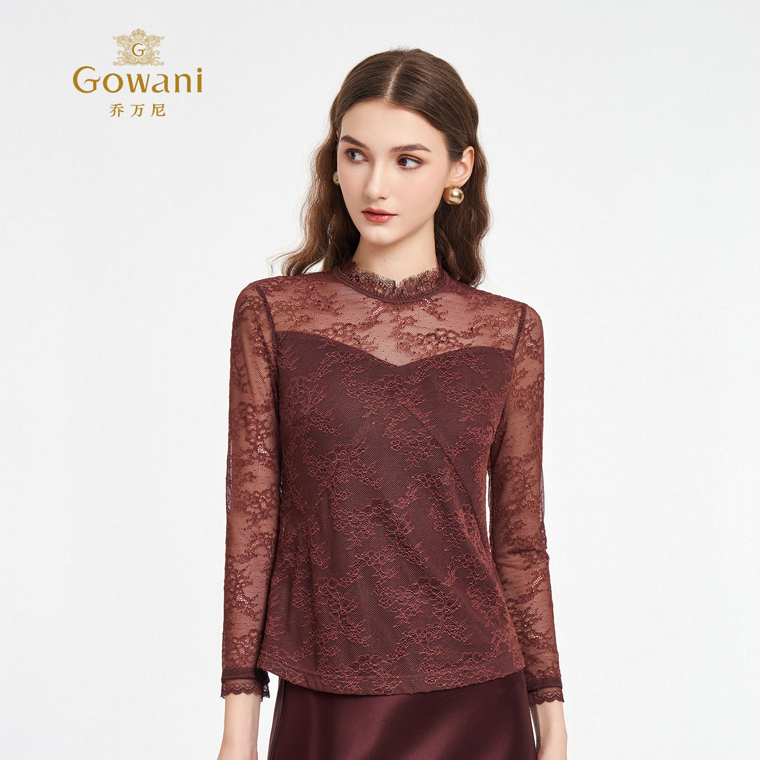 乔万尼优雅蕾丝衬衫女2026春季新款长袖立领修身气质百搭款打底衫