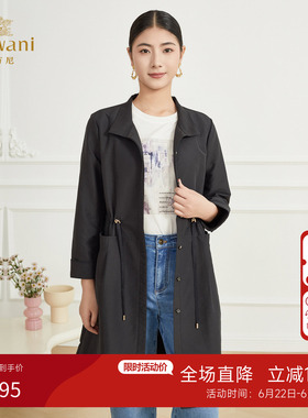 乔万尼收腰中长款风衣女2026春季新品抽绳设计黑色外套ET3A656