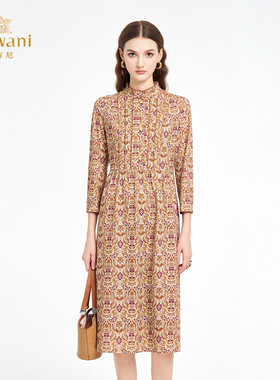 乔万尼弹力印花连衣裙女2026春季新款修身优雅复古中长裙ED3E287