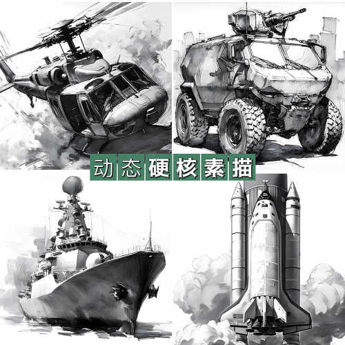 暑假动态硬核素描临摹卡32张飞机坦克战舰航母少儿创意美术画室A5
