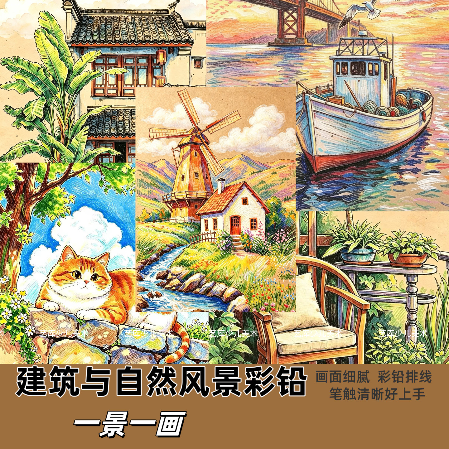 建筑与自然风景彩铅临摹卡少儿创意美术卡片铅笔画开学用品30张A5