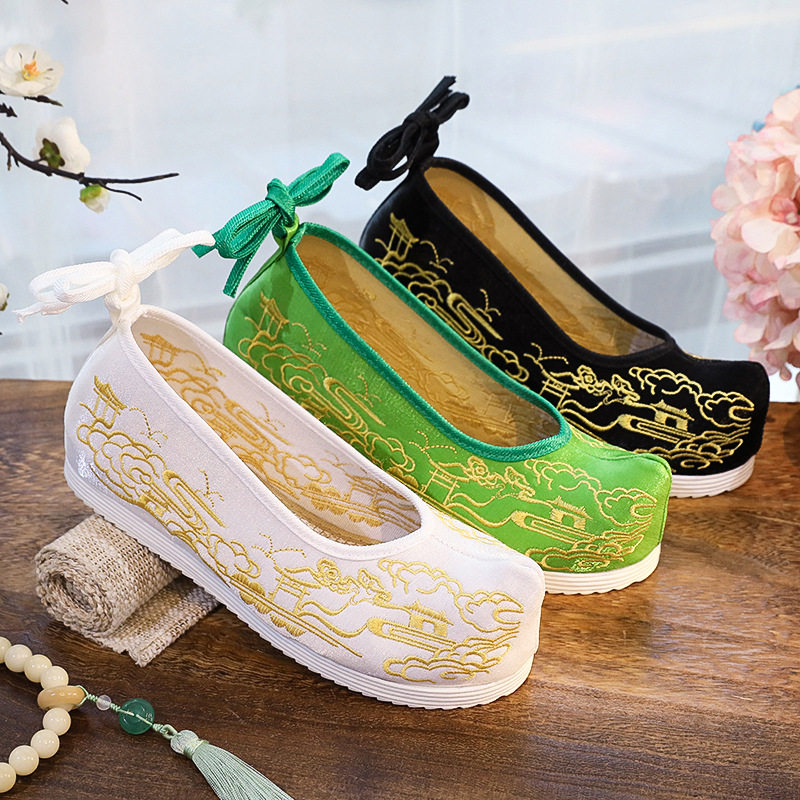 春夏新款女翘头浅口内增高系带布鞋演出汉服绣花鞋古风刺绣弓鞋子,女鞋,传统布鞋,淘宝优惠券,粉丝福利购,淘宝优惠卷
