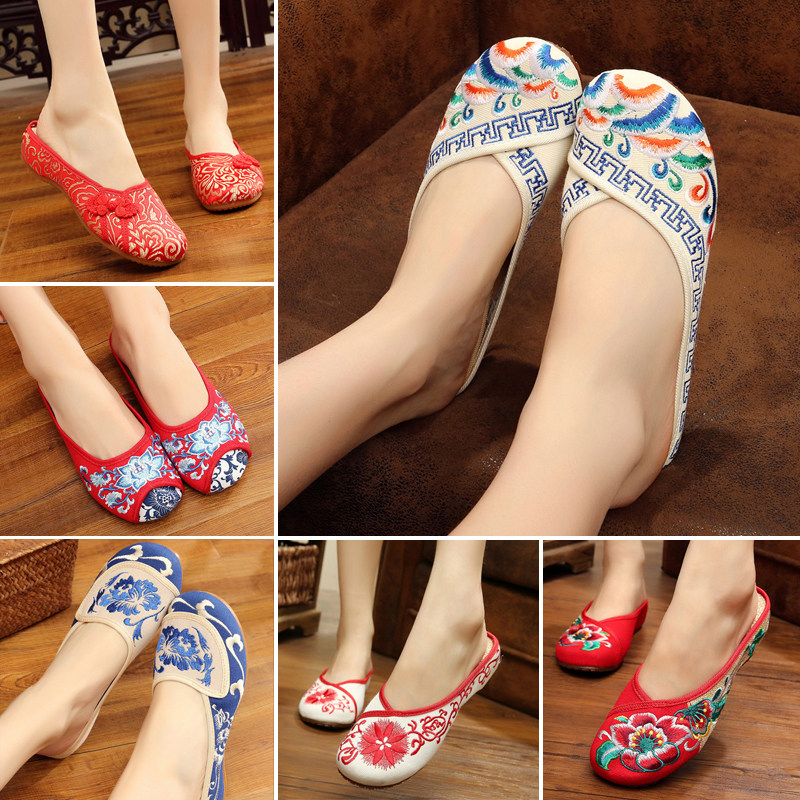包头老北京绣花拖日常居家防滑女凉拖低跟内增高春夏室外牛筋布拖