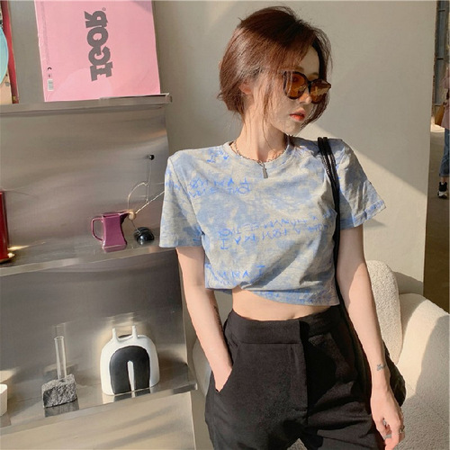 Net red tie dyed short sleeve T-shirt women's Korean version high waist exposed navel short upper clothes women