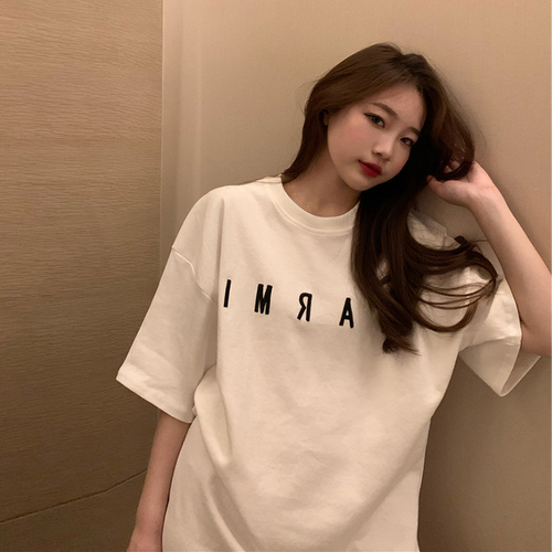 Half sleeve T-shirt women's fashion loose Korean version medium and long short sleeve letter embroidery top women's summer