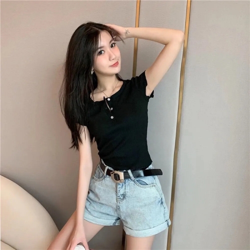 Slim Korean Hyuna style short solid color short-sleeved T-shirt summer color button female student top
