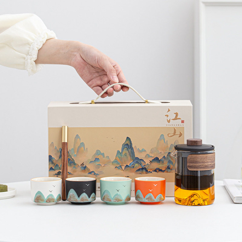 文创中国风手绘茶具套装一壶四杯