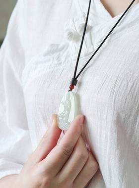 天然新疆和田玉青白乘龙玉观音菩萨牌坠男吊女玉石玉项链免