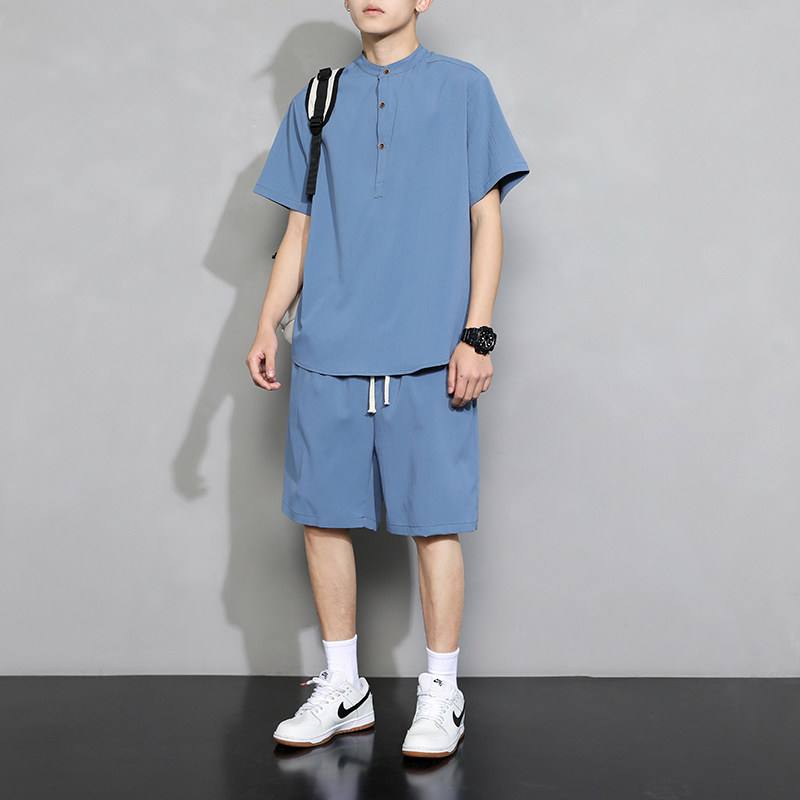 潮牌休闲男士运动套装夏季立领T恤宽松抽绳短裤A266-TZ999-P45,男装休闲套装,电商A266