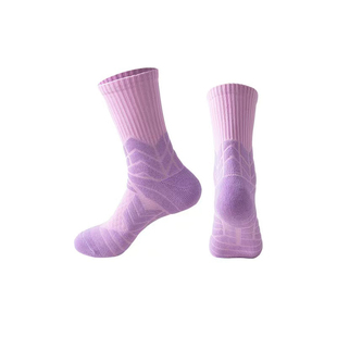 比赛训练纯色袜子 浅紫色篮球运动袜子中筒毛巾底加厚 减震球袜男款