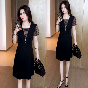 气质休闲裙子 时髦洋气条纹拼接假两件中长款 连衣裙女2025夏季 新款