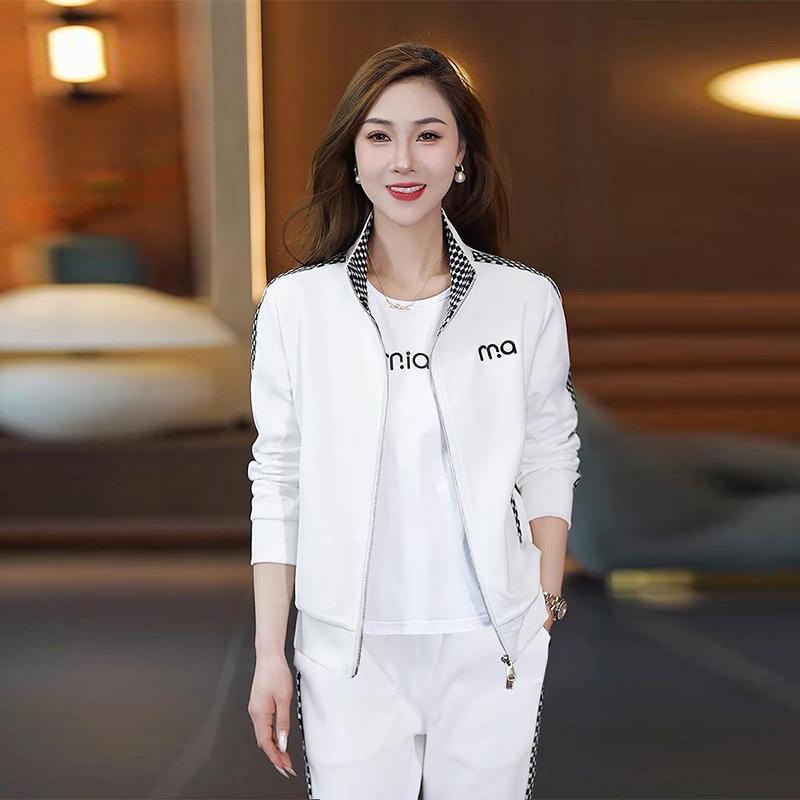 休闲运动套装女2025春秋装新款拼接格子开衫卫衣短袖直筒裤两件套
