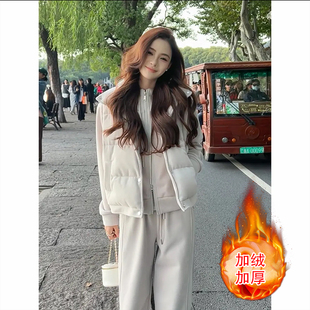 舒适棉马甲三件套女2025新款冬季休闲运动高级感加绒加厚卫衣套装