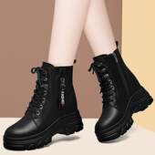 内增高女鞋 马丁靴单靴秋冬新款 加绒加厚底英伦风真皮女高跟短筒靴