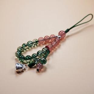 天然水晶草莓晶手机链女短款指环扣编绳招财猫小挂件绿幽灵银挂饰