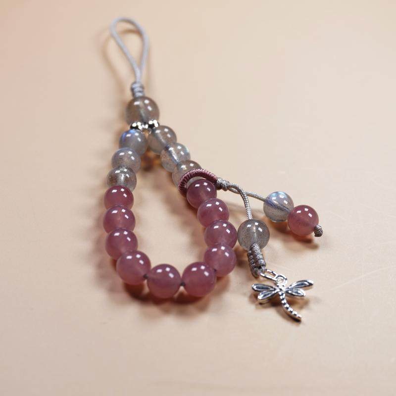 天然马粉防丢指环扣短款银饰小挂件串珠挂饰灰月光宝石手机链挂绳