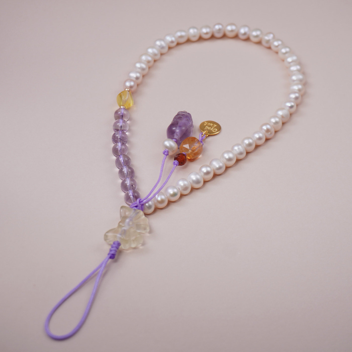 天然珍珠手机挂件黄水晶蝴蝶结甜美减龄挂绳紫晶珠链手腕式手机链