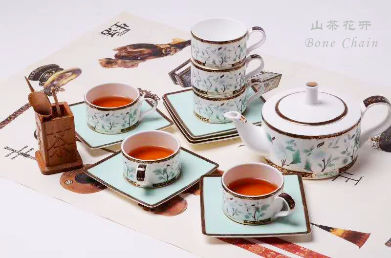 山茶花开骨质瓷中式手绘茶具套装