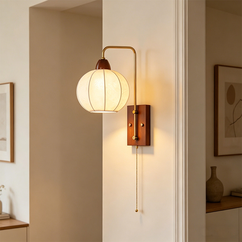 充电壁灯 拉绳开关复古过道木质球形灯罩装饰性卧室壁灯