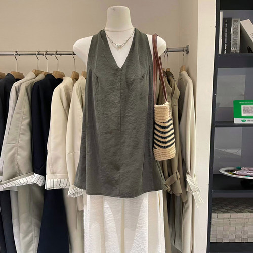 法式复古V领无袖吊带背心女夏