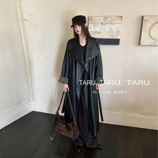 TARU大翻领系带收腰皮衣女过膝长款蛋白皮秋冬新款宽松皮风衣外套