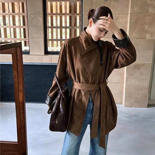 TARU美拉德立领麂皮绒风衣女
