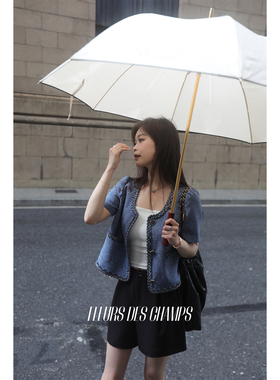 Fleurs des champs 高级感蓝色香风短外套+百搭黑色短裤套装