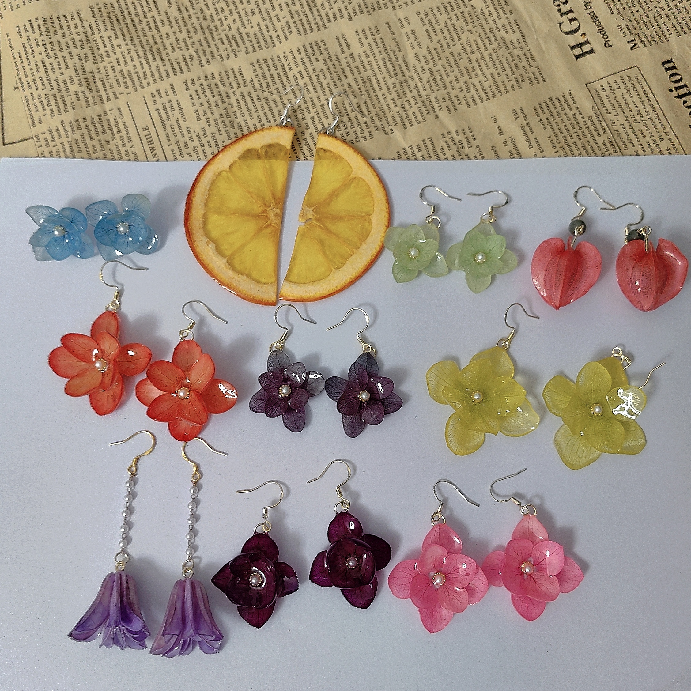 原创手作干花橙子真花滴胶耳环绣球花小众森系法式复古真花耳环女