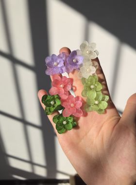 原创设计手工制作耳环白色红色蓝色粉色超仙绣球真花气质耳环女