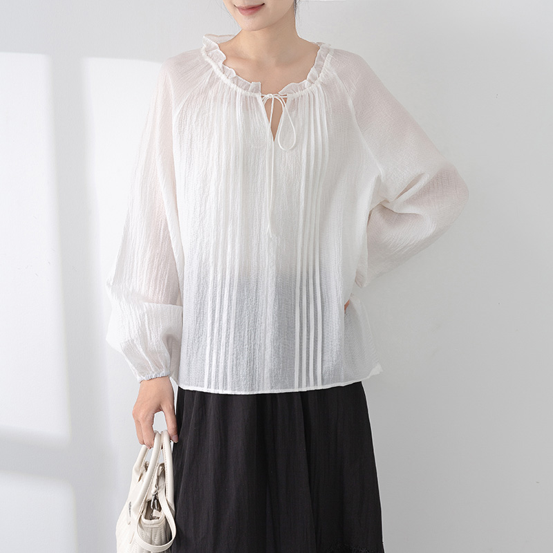 法式木耳边天丝衬衫女2025新款长袖娃娃衫通勤宽松上衣气质百搭